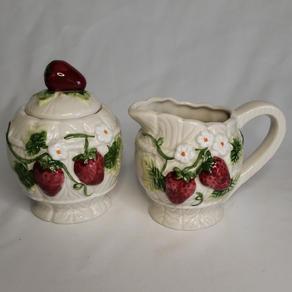 OCI 1991 Strawberry Design Ceramic Sugar and Creamer Set